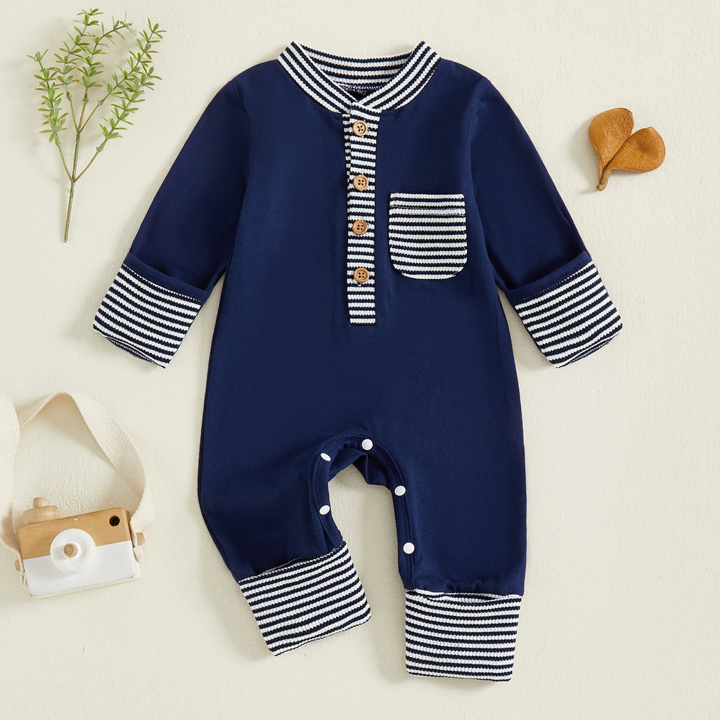 Lioraitiin Baby Boys Jumpsuit Long Sleeve Striped Patchwork Casual Autumn Newborn Romper Clothes