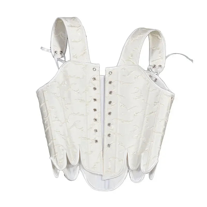 Fashion White Embossed Vintgae Petal Bodices Women Overbust Slimm Corsets Lace Up Boned Shaping Tops Korset