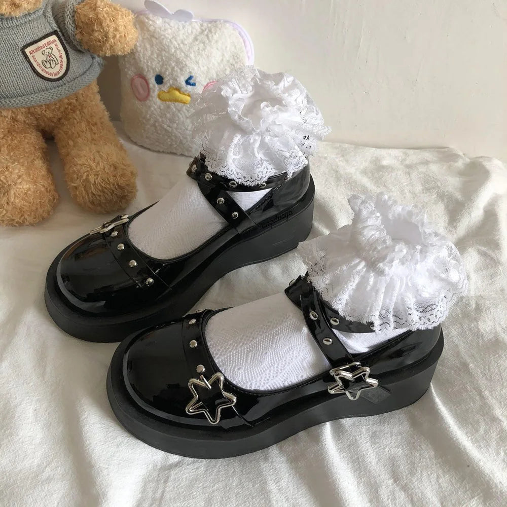 Women heels Lolita shoes platform mary jane Shoes Star Buckle Strap Mary Janes Women Cross-tied Girls Rivet Casual Shoes kawaii