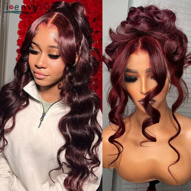 13X4 HD Transparent Lace Front Wigs Burgundy Red Human Hair Wigs PrePlucked 13X6 32Inch Body Wave Lace Front Wig For Women Curly