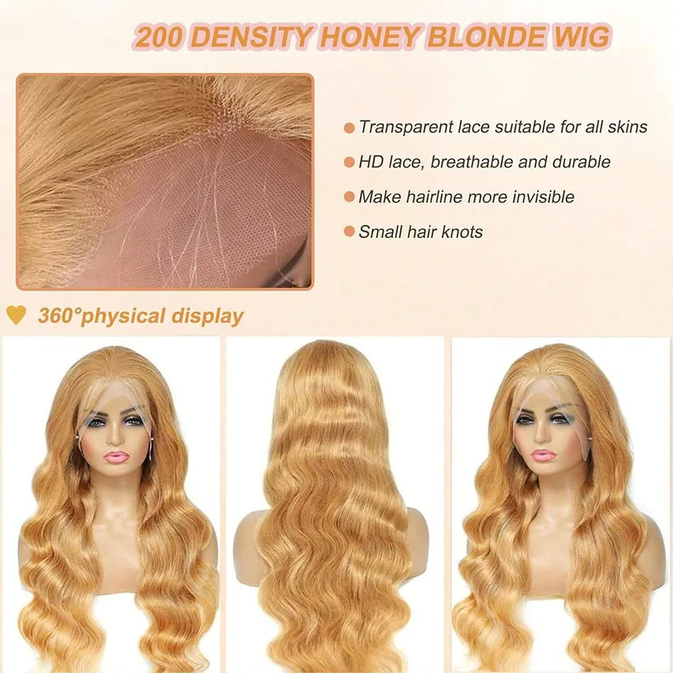 13x6 Body Wave HD Transparent Lace Frontal Wigs Human Hair 30 Inch Honey Blonde Wig Human Hair 200 Density Pre Plucked For Women