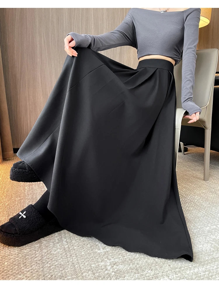 Beiyingni Women Long Suit Maxi Pleated Black Skirts Korean Fashion 2024 Autumn High Waist Slim A-line Skirt Ladies Gray Faldas
