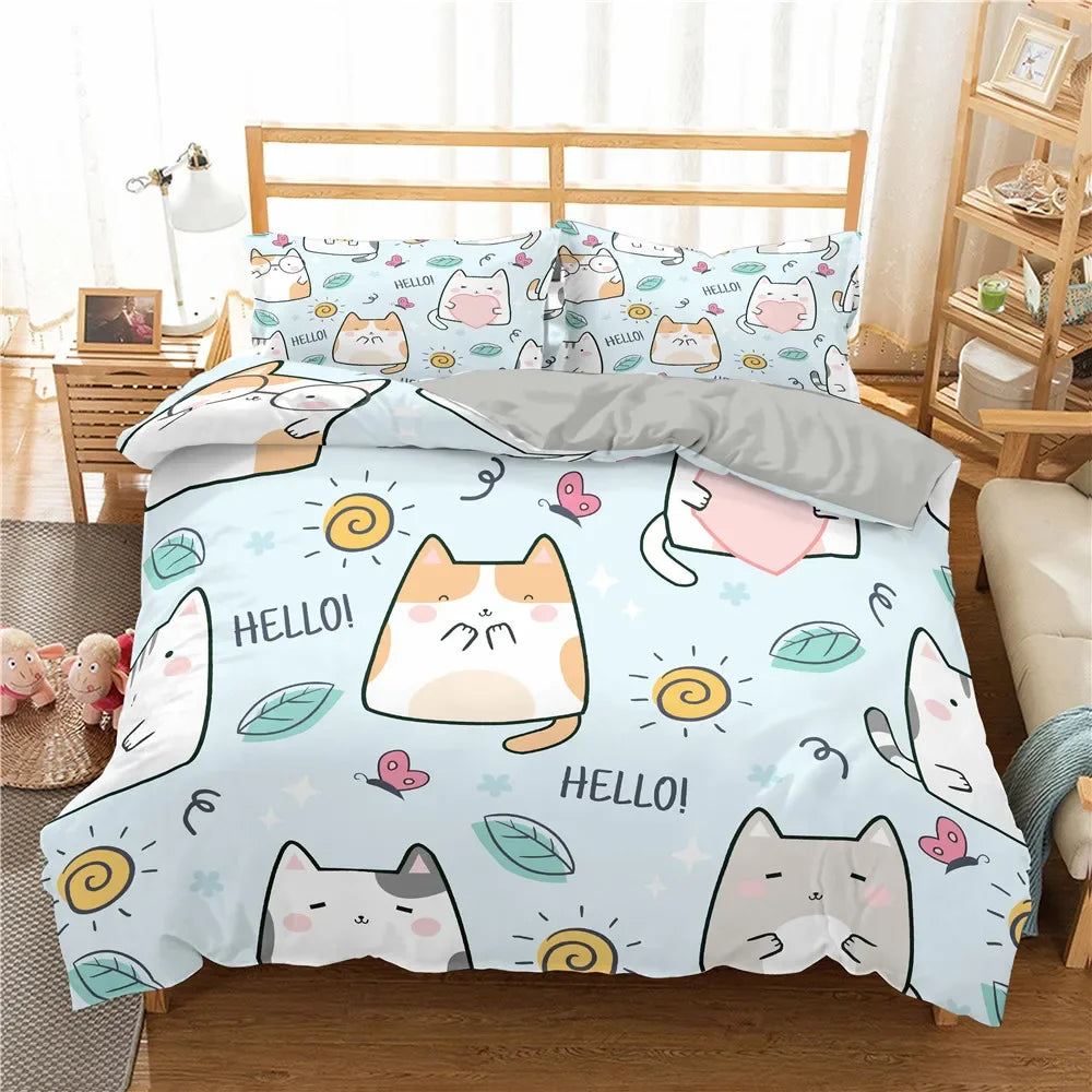 Cute Pink Pet Cats Cartoon Kitten Print Duvet Cover Pillowcase Polyester Quilt Cover for Children Women Bedroom Decoration King