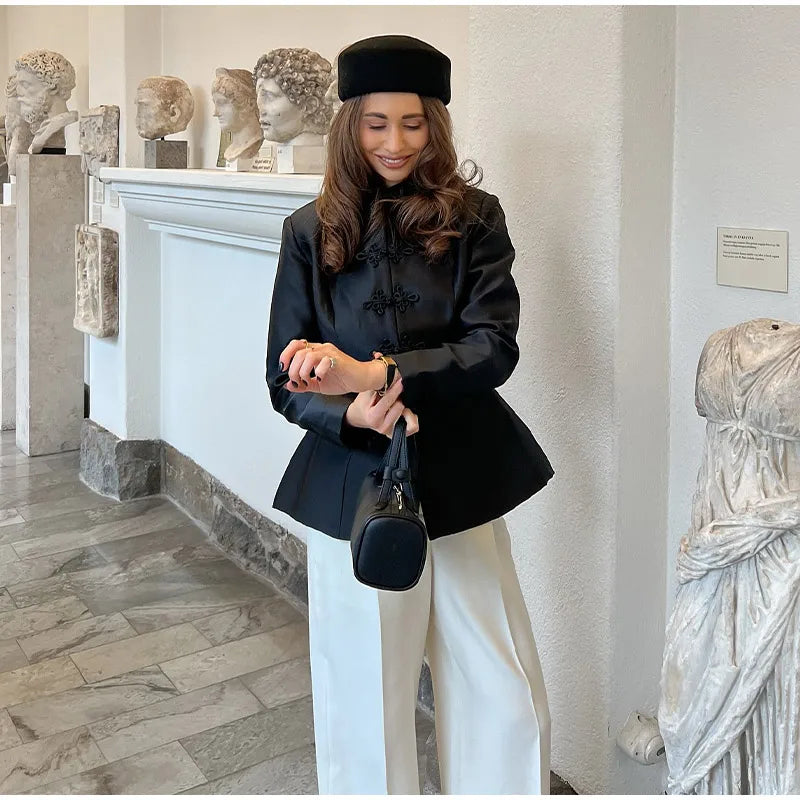 Vintage Stand Collar Velvet Frog Button Blazer Women Solid Long Sleeve Slim Cropped Jackets 2026 Spring Lady Fashion Outwear New