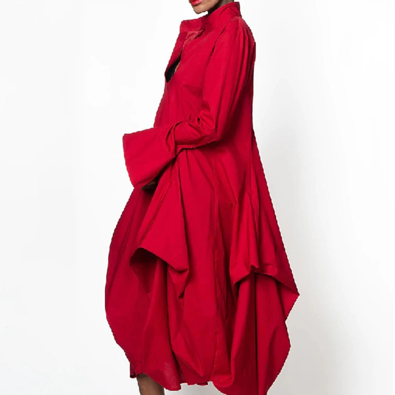 Onecozyday 2025 Stylish Women's Elegant Party Dress Solid Red Long Sleeves Stand-Collar Loose Prom Midi Dresses For Women