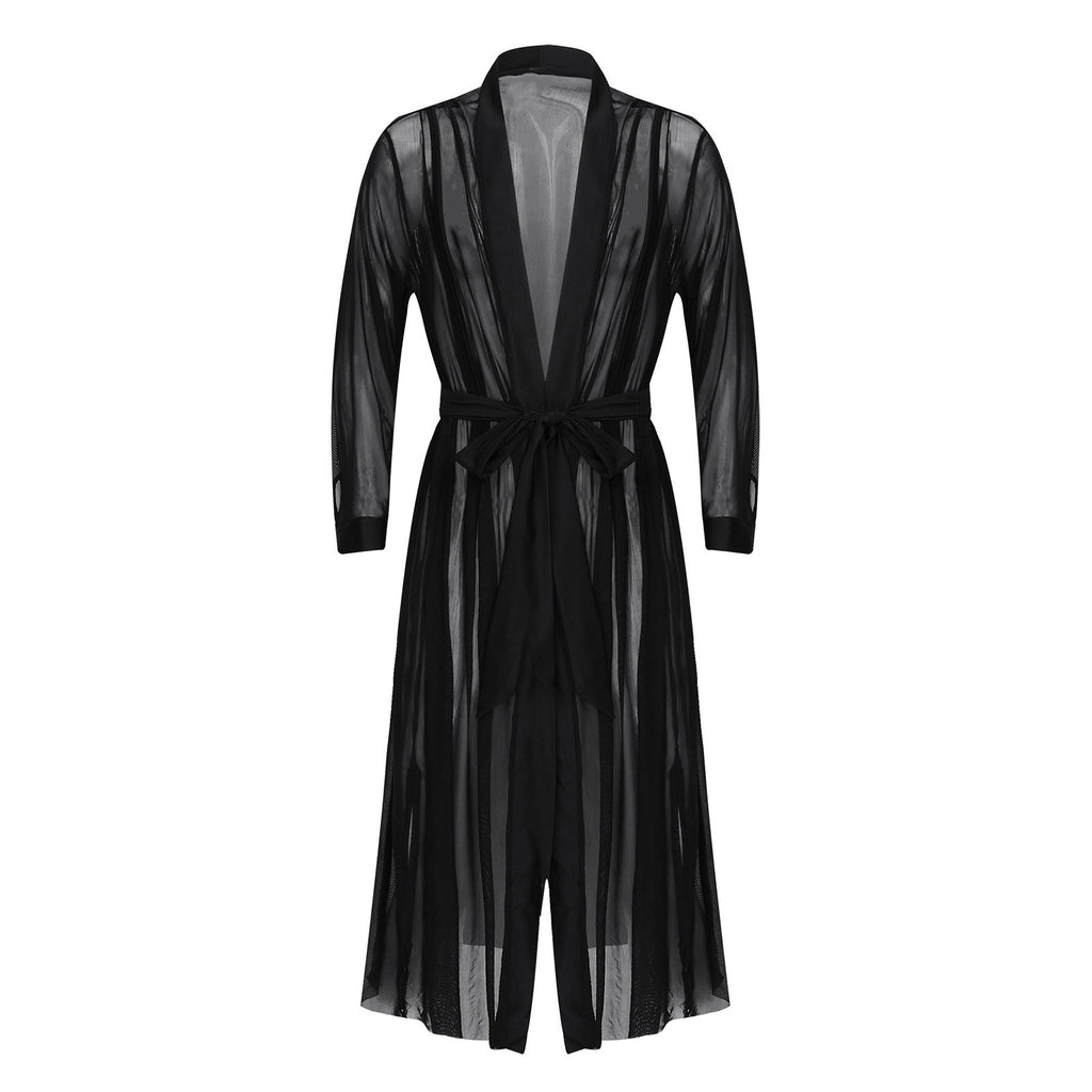 Men Transparent Mesh Robes Sexy Lingerie Front Cardigan Mesh See-through Long Bathrobe Male Gay Long Sleeve Nightgown Underwear
