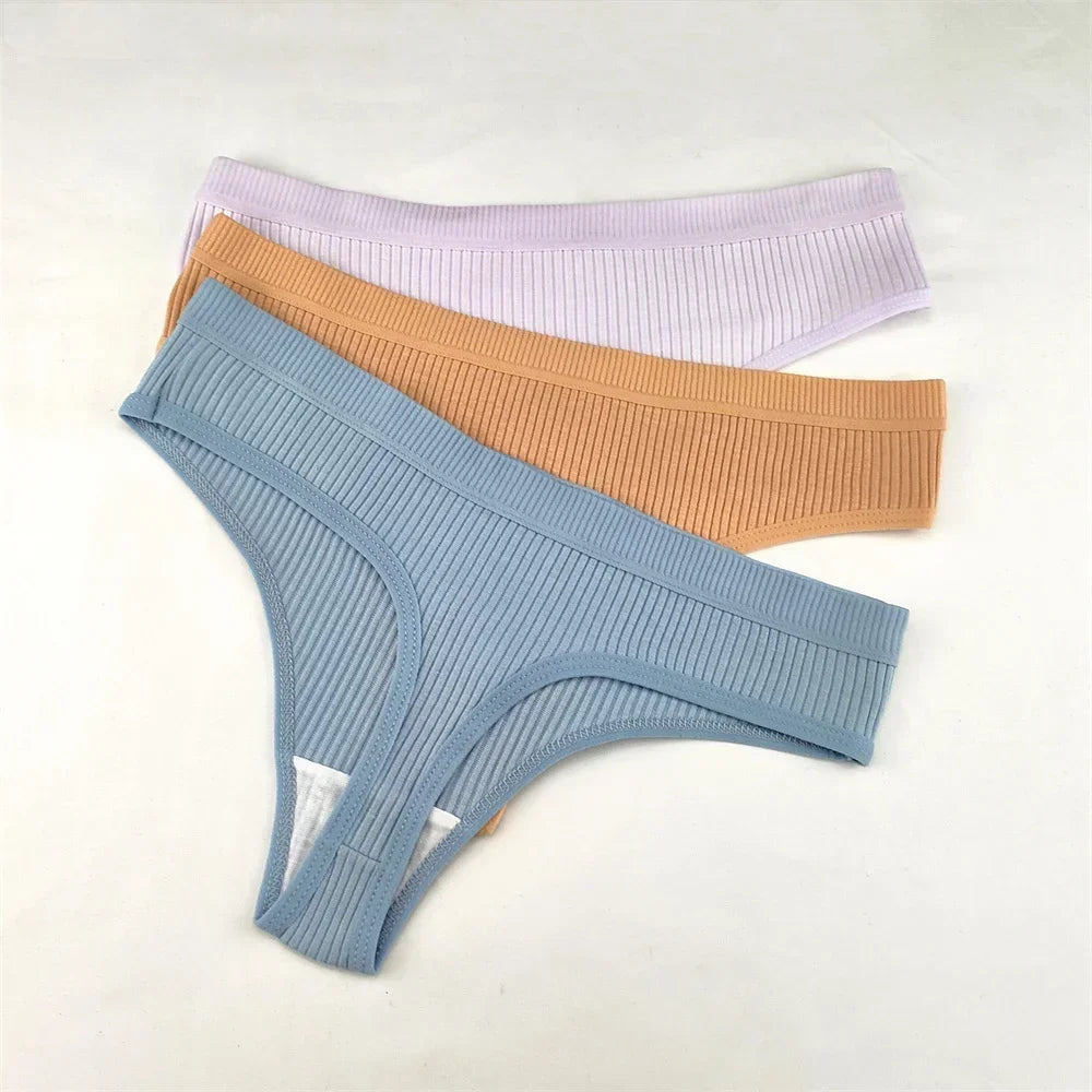 3Pcs/Set Women Thong G String Soft Ribbed Cotton Brazilian Panties Solid Color Low Rise Underwear Female Intimates Lingerie