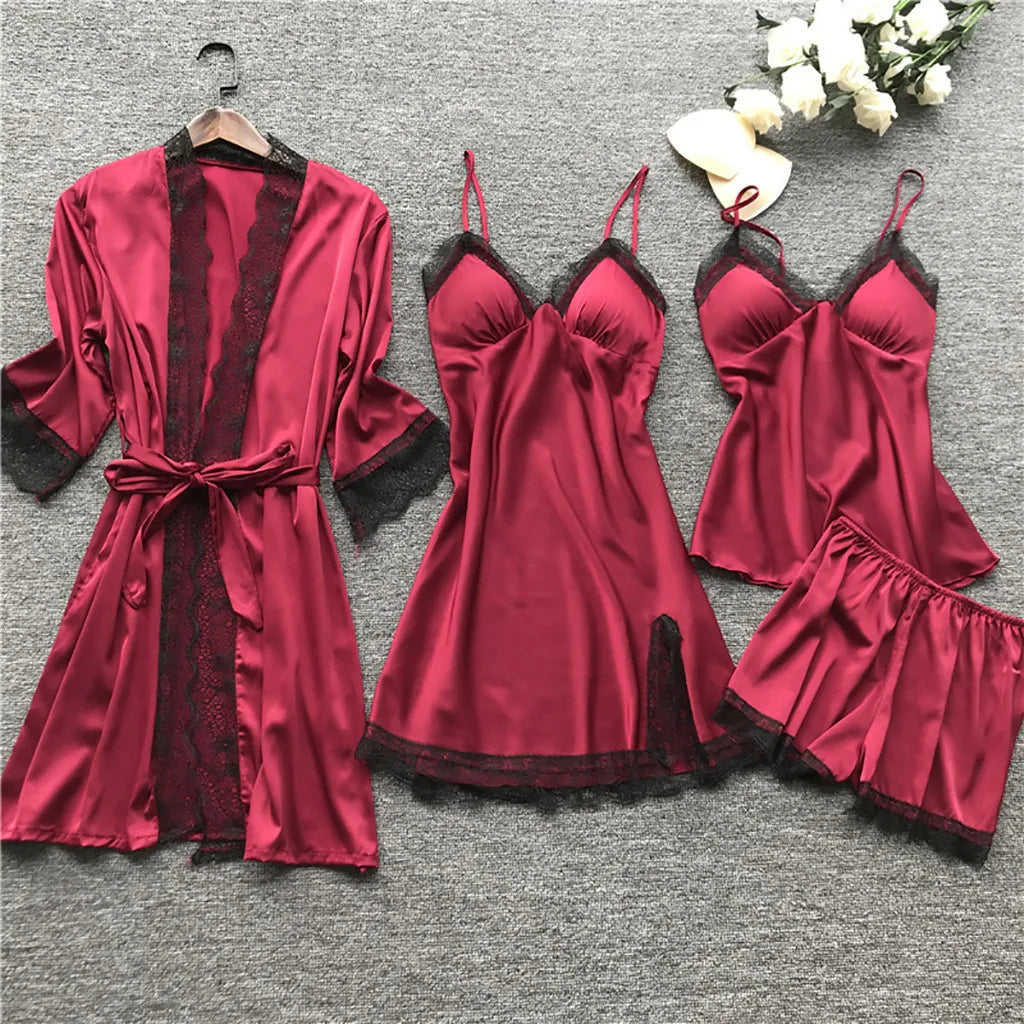 Large Size 4 Piece Women Pajama Sets Sexy Lace Embroidery Robe With Nightdress Outfits Loungewear Satin Silky Pyjama Sets