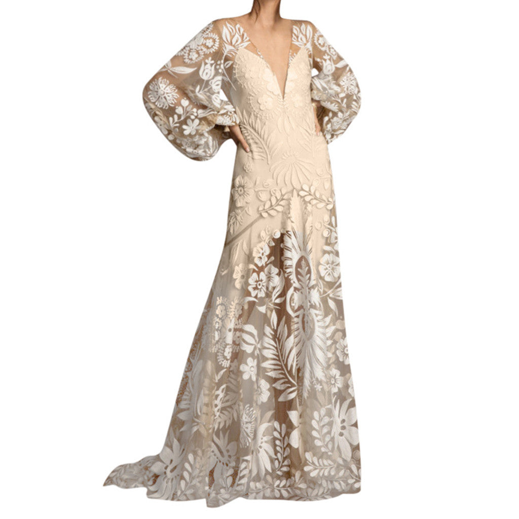 Fashion Floral Print Flared Sleeves Evening Dress Boho Women Holiday V-Neck Backless Sundress High Waist Wedding Guest Ball Gown