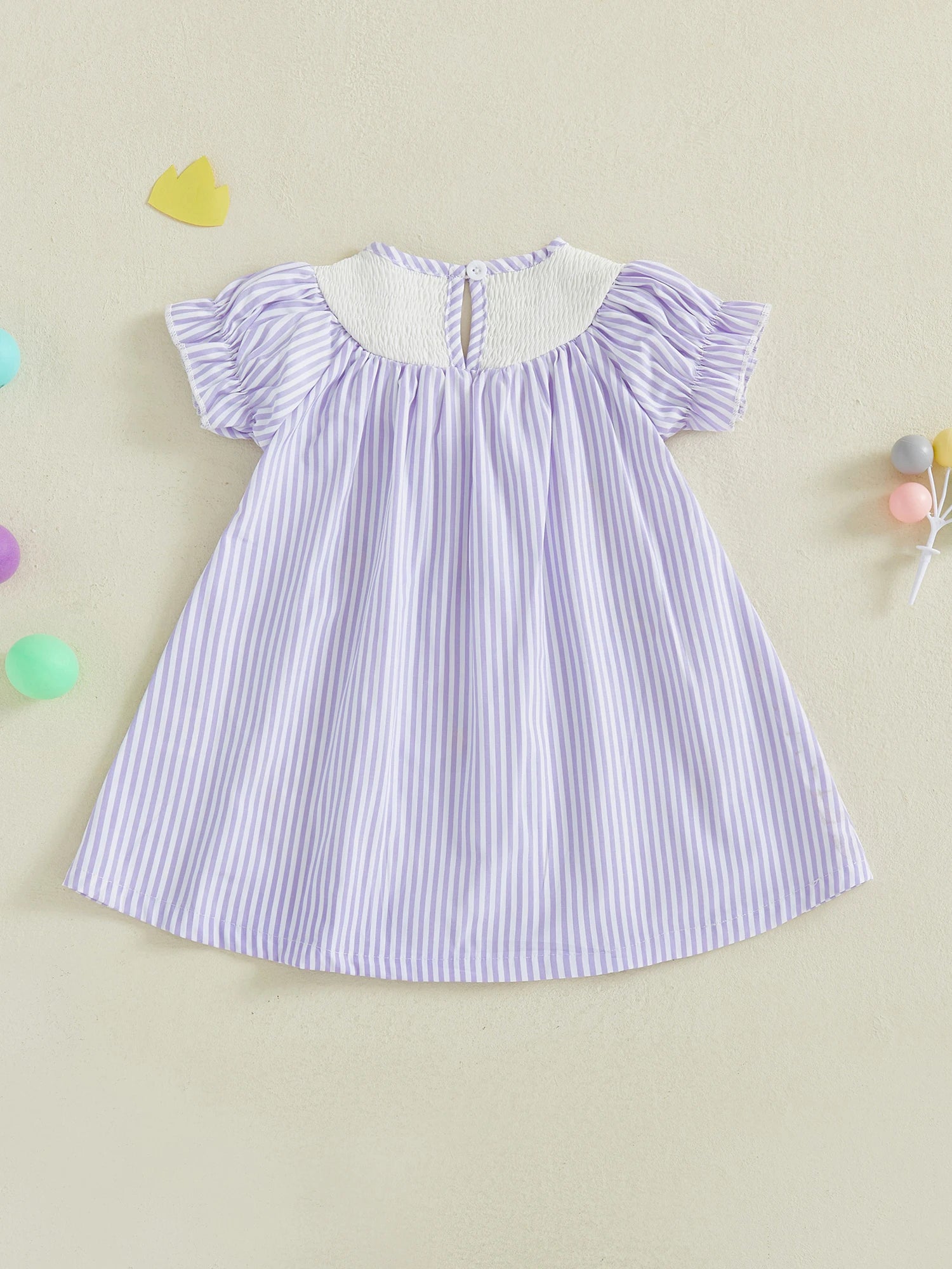 Toddler Baby Girl Mardi Gras Dress Loose Fit Letter Embroidered Striped Smocked Crew Neck Short Sleeve A Line Dress
