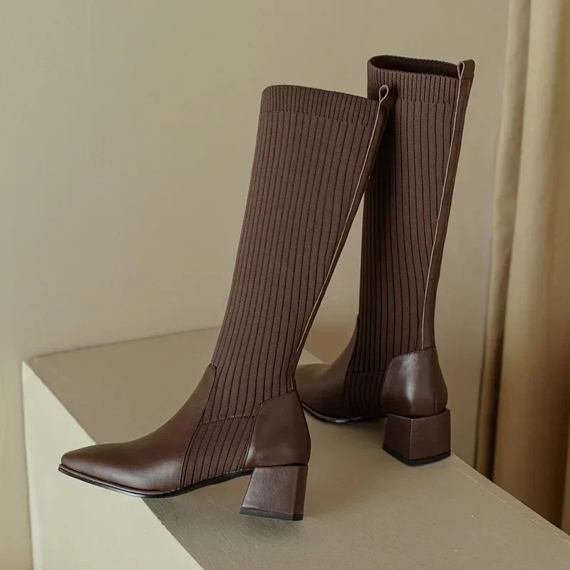 Autumn Winter Knitted Long Boots Women New Knee High Socks Shoes Women Fashion Slip on High Heels Retro Elastic Botas Mujer 202