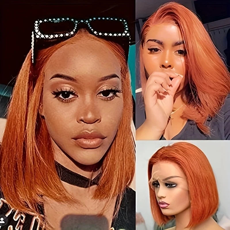 Ginger Bob Wig real Hair 13x4 high definition lace forehead, Orange Bob Wig Straight Hair
