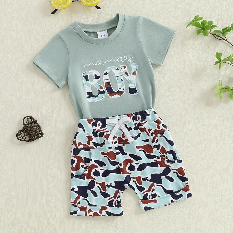 2025-01-13 Lioraitiin Toddler Boys Summer Shorts Sets Short Sleeve O Neck Letter Print Tops and Camouflage Shorts Sets