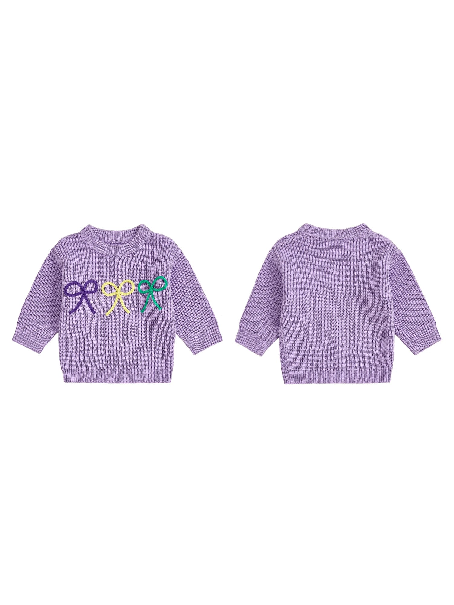 Mardi Gras Toddler Girl Sweater with Embroidered Bow Detail Crew Neck Long Sleeves and Chunky Knit Design for Cozy Style