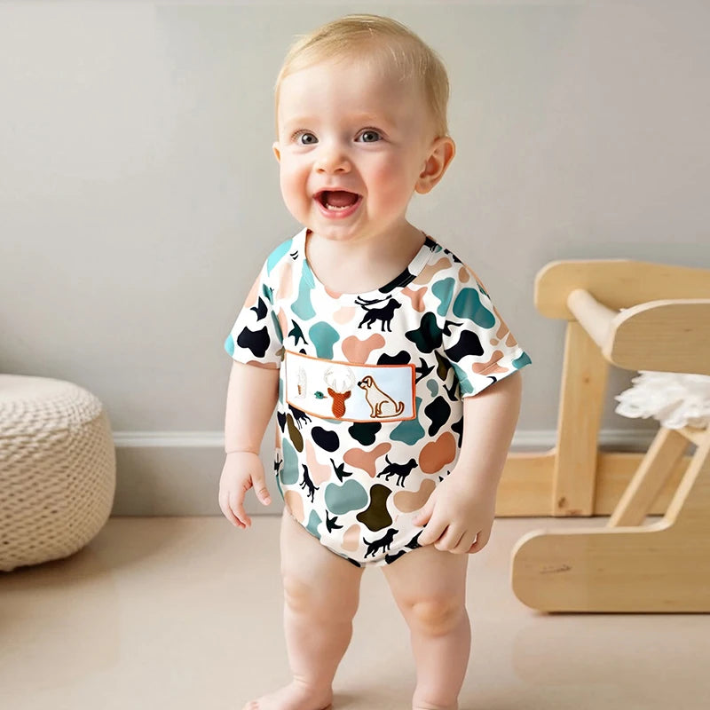 Lioraitiin Newborn Baby Boys Summer Jumpsuit Casual Dog Camouflage Print Embroidery Short Sleeve Romper Cute Clothes