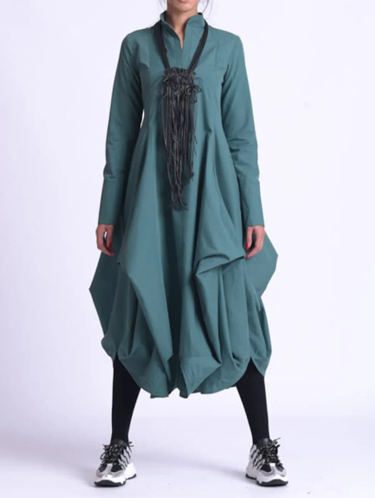 Women Mandarin Collar Dress Vintage Casual Solid Bud Long Dress Spring Long Sleeve Asymmetric A-Line Fashion Minimalist Dress