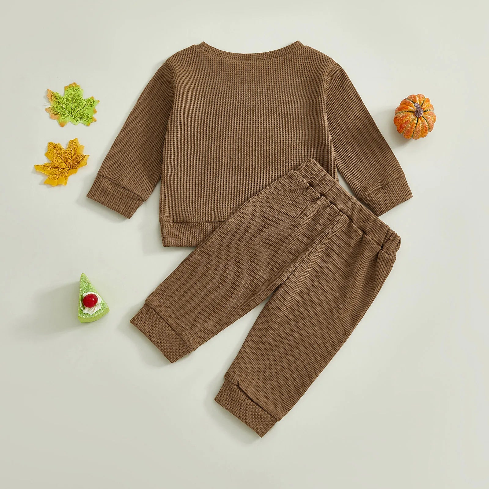 Toddler Baby Boys Thanksgiving Outfit Turkey Letter Embroidery Long Sleeve Pullover Elastic Waist Solid Pants 2Pcs Waffled Set