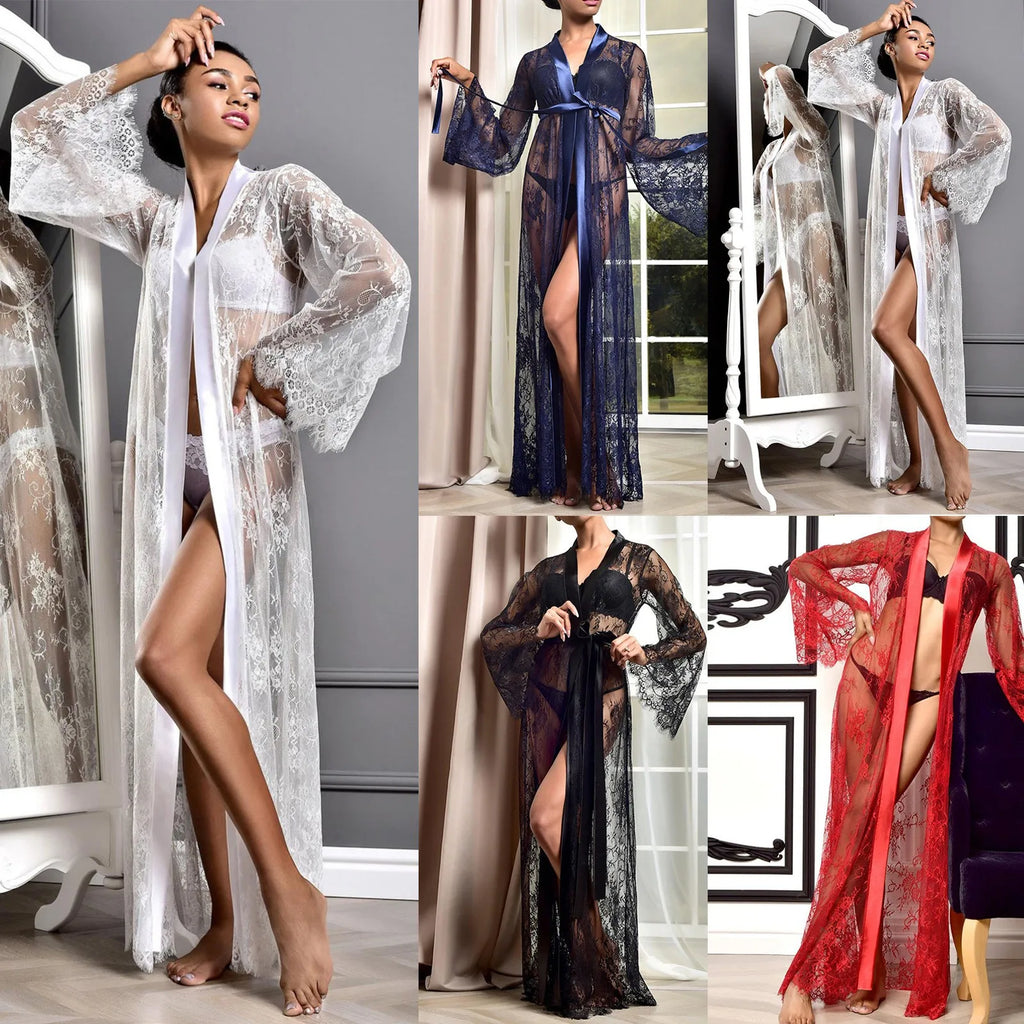 Women Nightgown Mesh See Through Nightdress Sexy Lingerie Lace Long Night Robe Gown Set Thong Long Sleeve Exotic Babydoll Dress