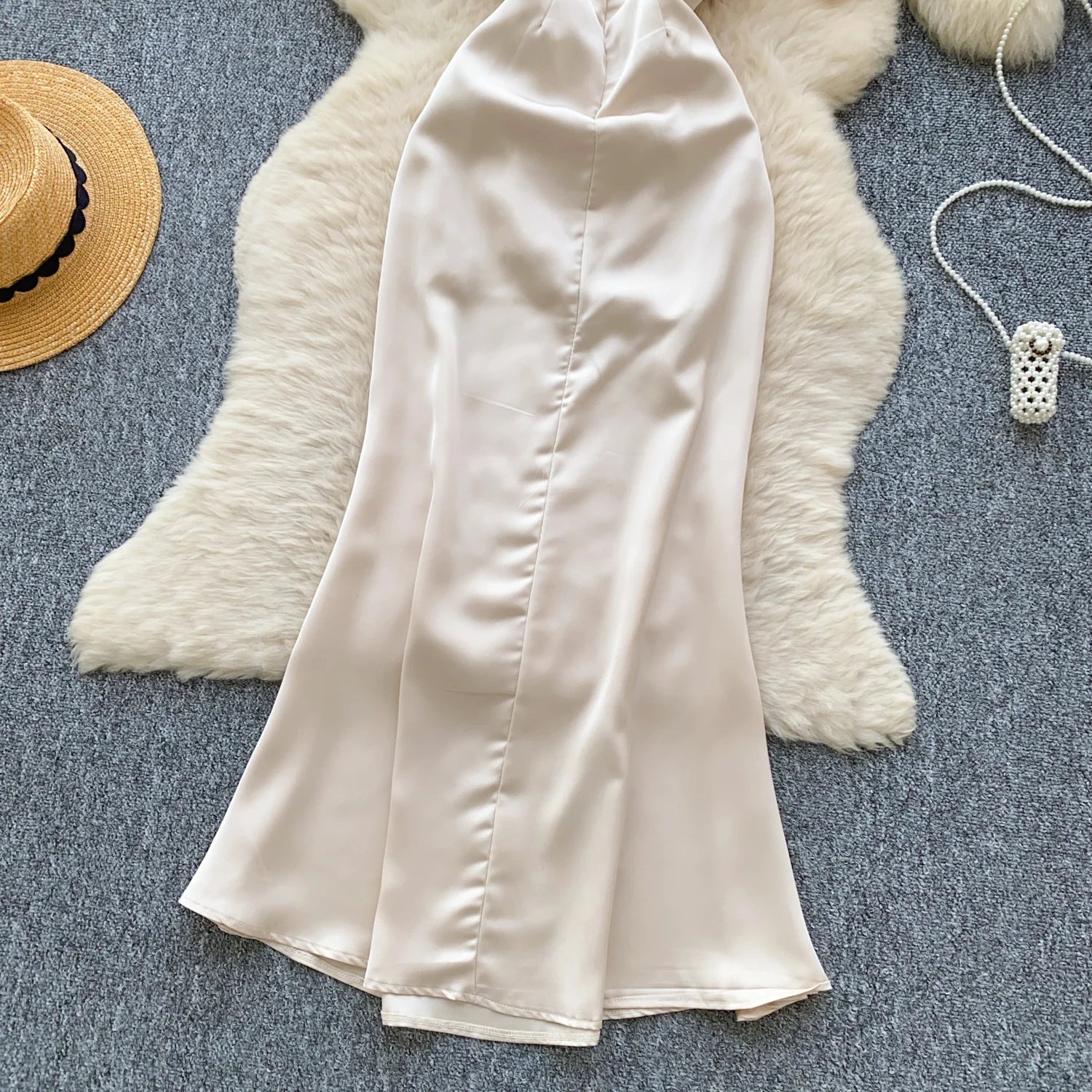 Women Chic satin Spliced mesh slash neck Sexy French Fashion Summer evening dress mermaid dress