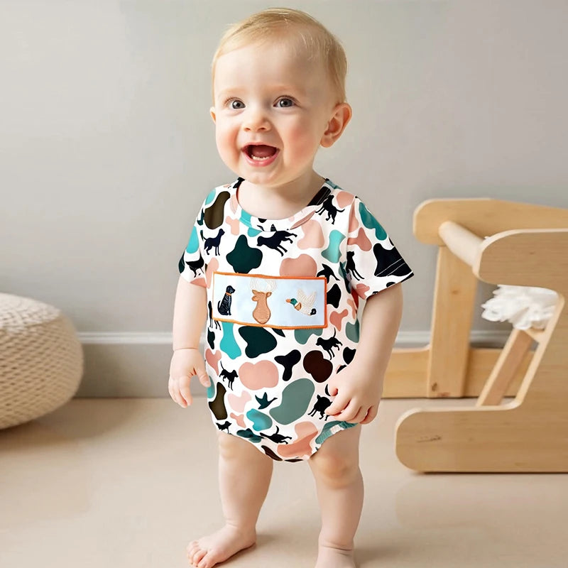 Lioraitiin Newborn Baby Boys Summer Jumpsuit Casual Dog Camouflage Print Embroidery Short Sleeve Romper Cute Clothes