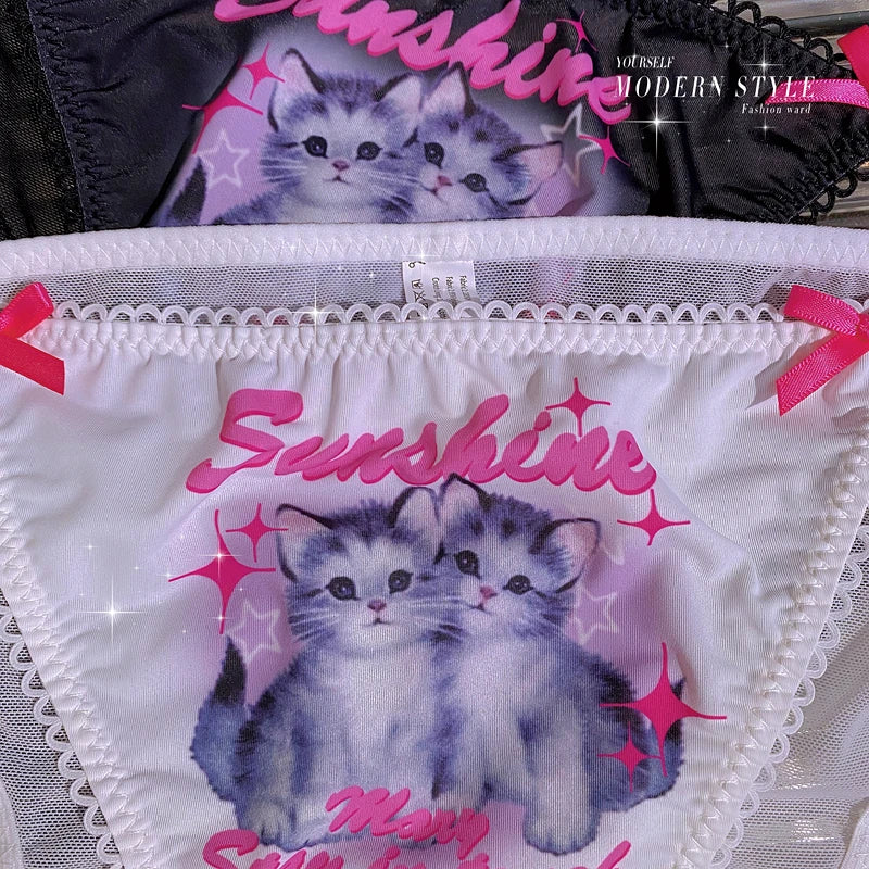 Ice Silk Cute Cat Girls Panties Thin Sexy Japanese Women Briefs Lady Thong Underwear Female Low Waist G String Lingerie
