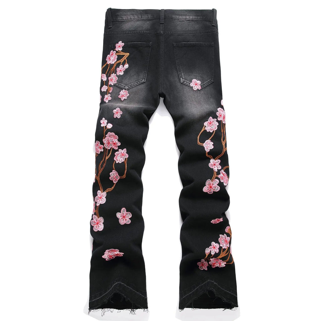 Men's high-street ripped jeans with floral embroidery patchwork, trendy street-style distressed flared jeans