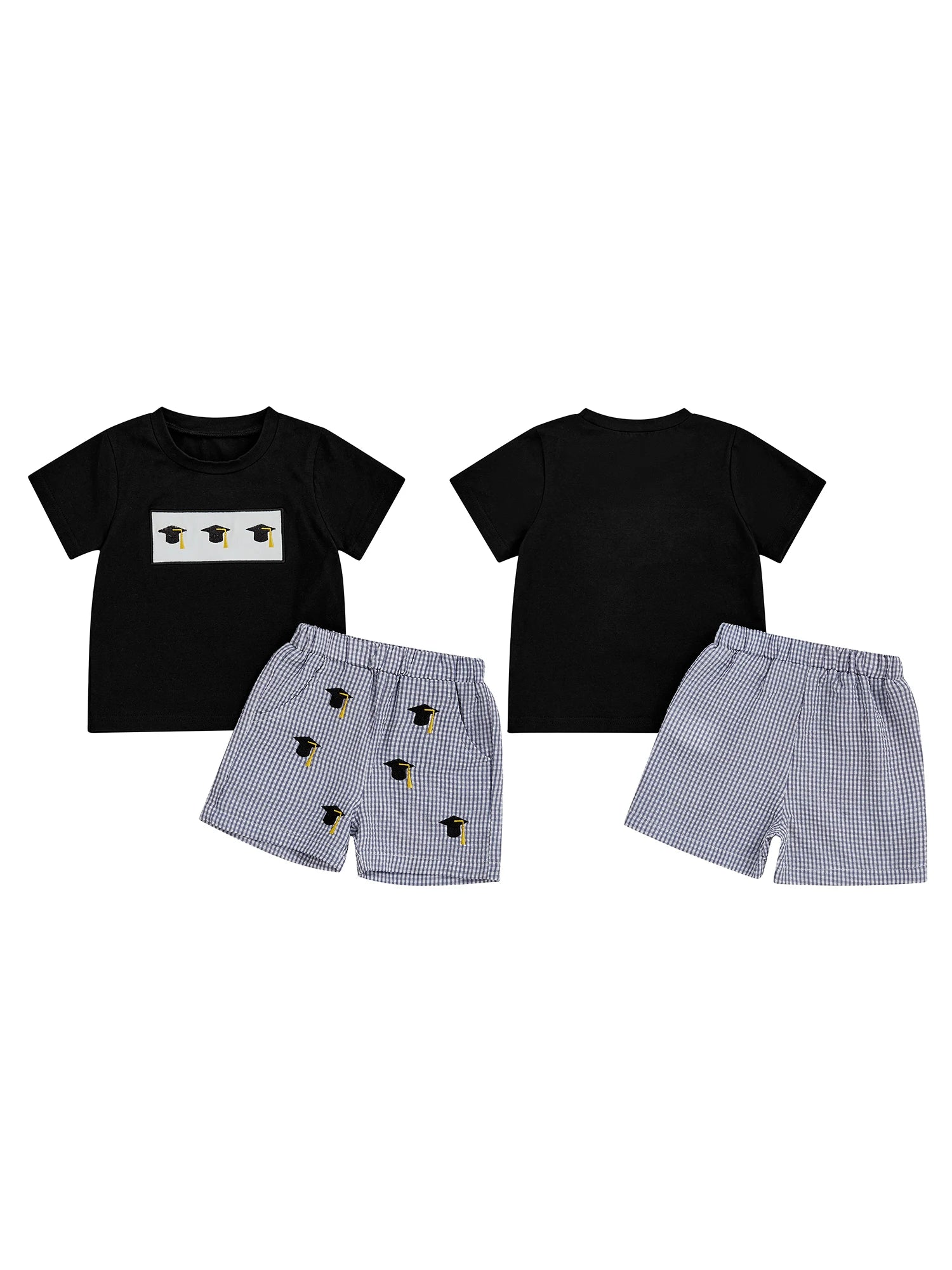 Cute 2 Piece Summer Outfits with Graduation Cap Embroidery Short Sleeve T-Shirt and Plaid Shorts Set for Baby Girl or Boy