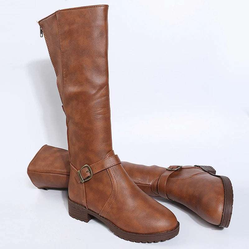 Vintage Brown Women Knee High Boots Big Size Low Heels Platform Long Boots Autumn Winter Pu Leather  Women Warm Booties