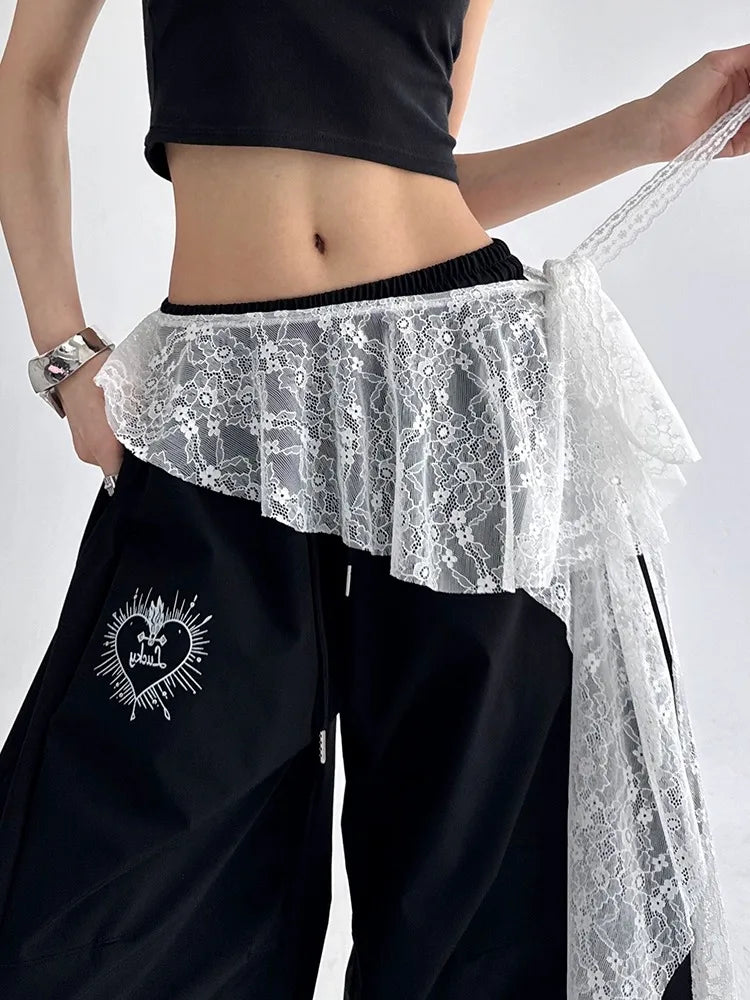 Jeans Pants Decor Embroidered Flower Lace Mini Skirt Irregular See Through Ruched Skirts High Waist Harajuku Pleated Skirts
