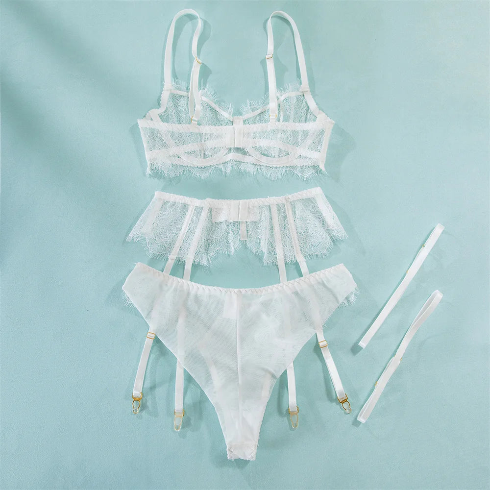 Krasapt Fancy White Lace Lingerie 2 Piece Sets Woman Hollow Out See Through Bras And Thongs Erotic Suits Delicate Fairy Bilizna