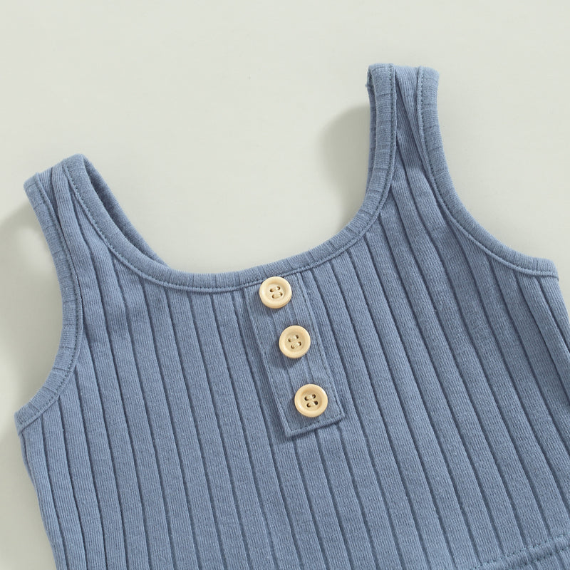 2023-02-14 Lioraitiin 0-4Years Toddler Girls 2Pcs Summer Outfit Sets Solid Button Vest Ribbed Drawstring Shorts