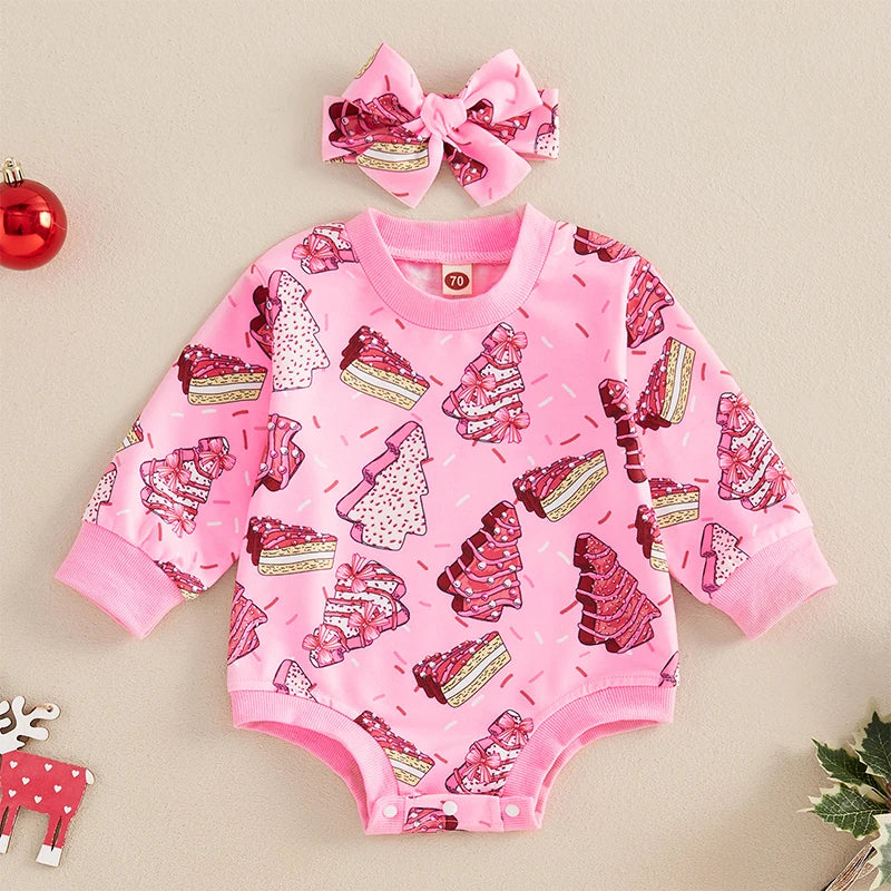 Toddler Baby Girls Sweatshirt Romper Christmas Tree Print Long Sleeve Jumpsuits and Cute Headband Set Infant