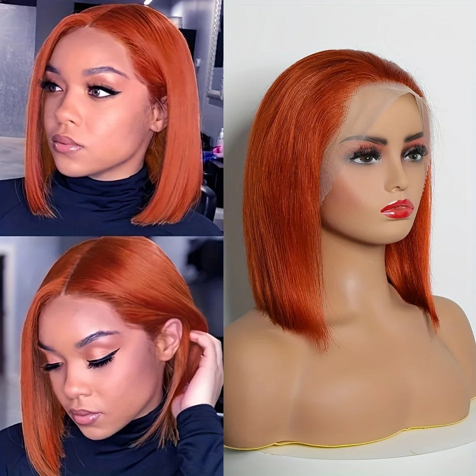 Ginger Bob Wig real Hair 13x4 high definition lace forehead, Orange Bob Wig Straight Hair