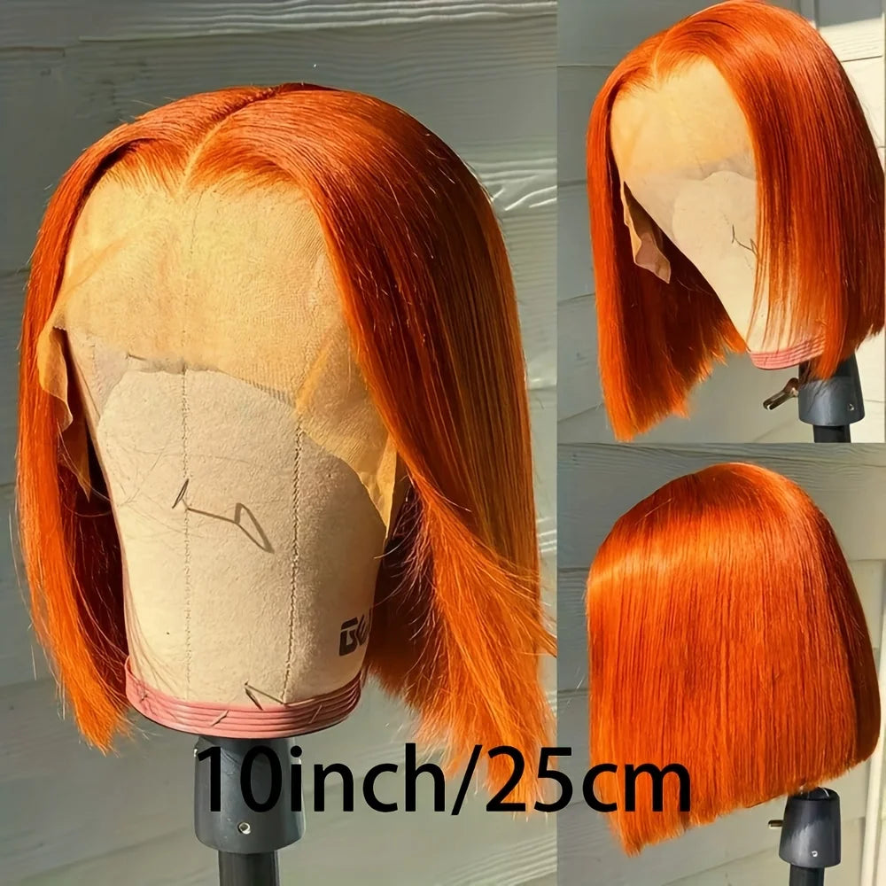 Ginger Bob Wig real Hair 13x4 high definition lace forehead, Orange Bob Wig Straight Hair