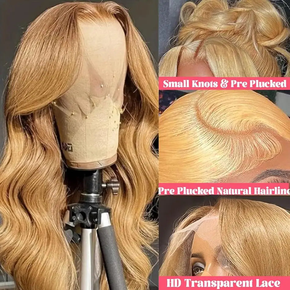 13x6 Body Wave HD Transparent Lace Frontal Wigs Human Hair 30 Inch Honey Blonde Wig Human Hair 200 Density Pre Plucked For Women