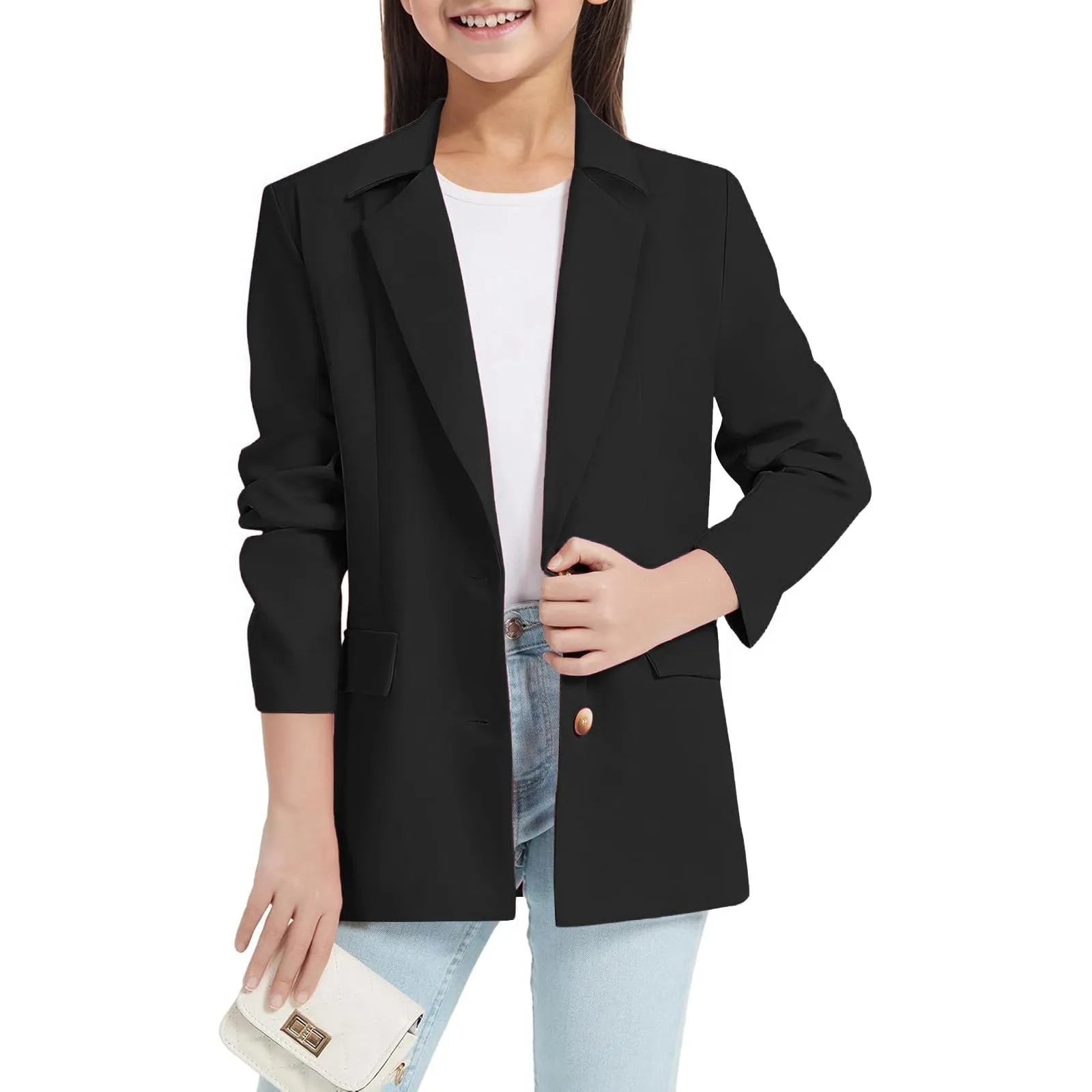 Youth Winter Coat Girls Long Sleeve Shawl Formal Suit Jacket Open Front Inner Pocket For Kids Girls Dress Up Coat Ropa De NiñA