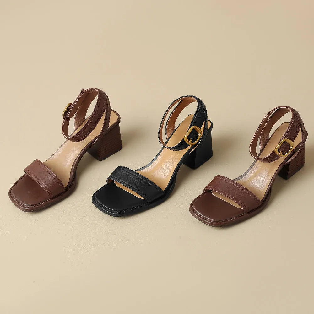 Women's genuine leather sandals narrow band ankle strap 6cm thick med heel open toe summer pumps heels casual shoes for women 42