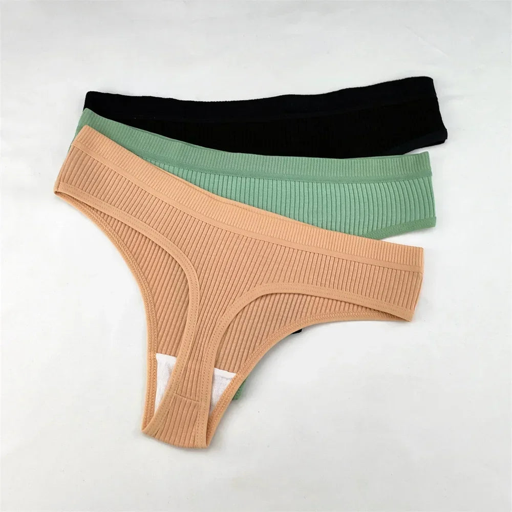 3Pcs/Set Women Thong G String Soft Ribbed Cotton Brazilian Panties Solid Color Low Rise Underwear Female Intimates Lingerie