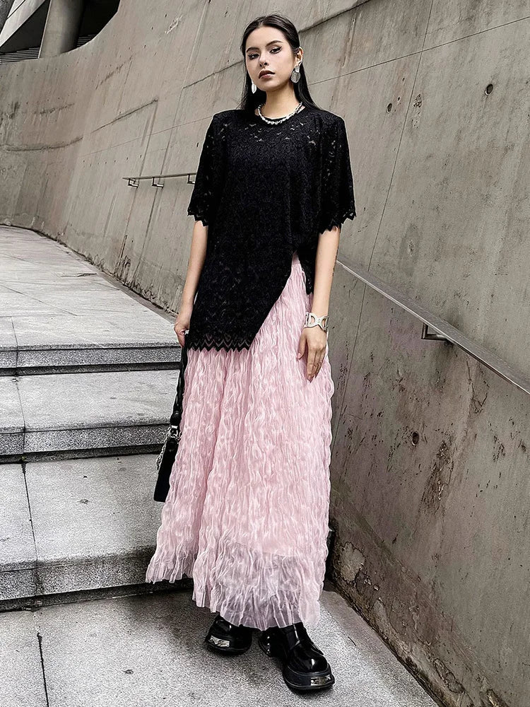 [EAM] High Elastic Waist Black Pleated Mesh Casual A-line Half-body Skirt Women Fashion Tide New Spring Autumn 2026  1DH5148