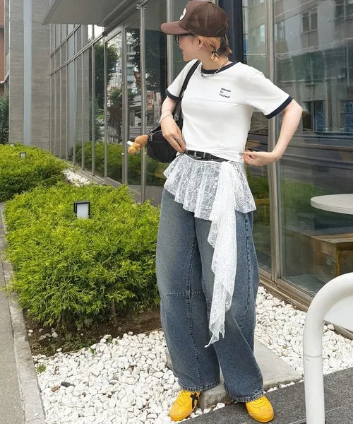 Jeans Pants Decor Embroidered Flower Lace Mini Skirt Irregular See Through Ruched Skirts High Waist Harajuku Pleated Skirts